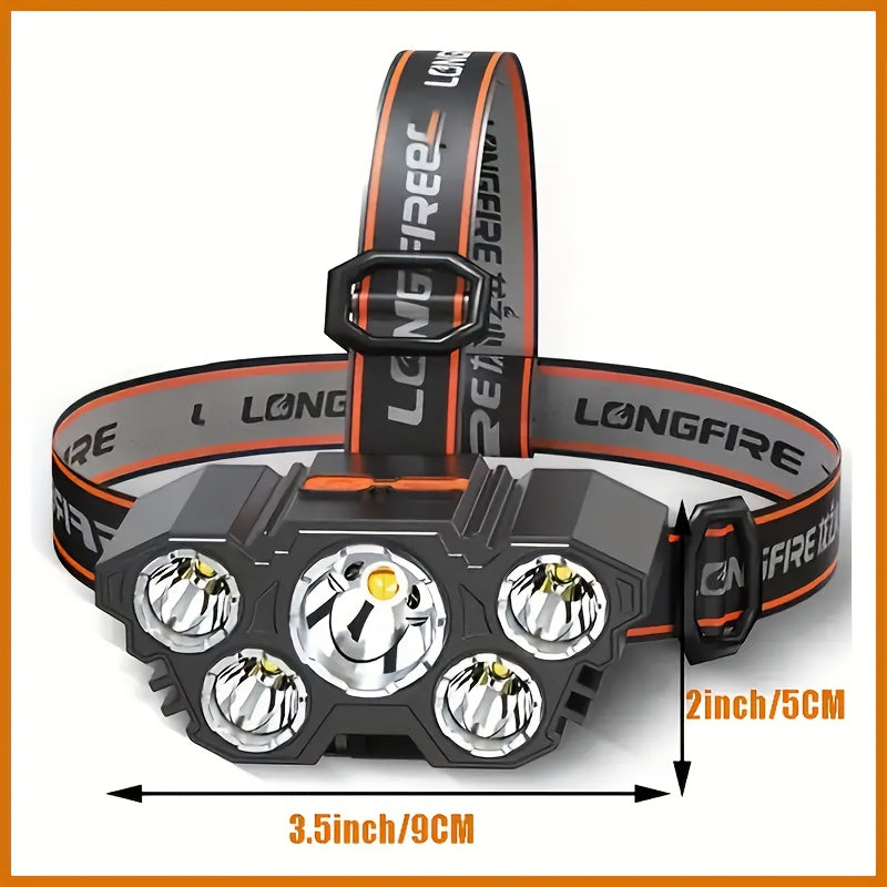 Linterna frontal recargable por USB de 5 LED para camping, correr y pescar, ideal para emergencias en el hogar y exteriores.