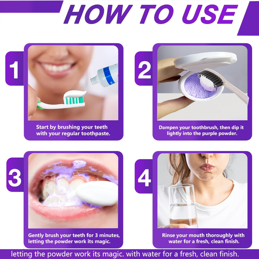Polvo dental  morado FOCUSMILE - PAP, con saber refrescante a menta que elimina la suciedad de los dientes. No sensible.
