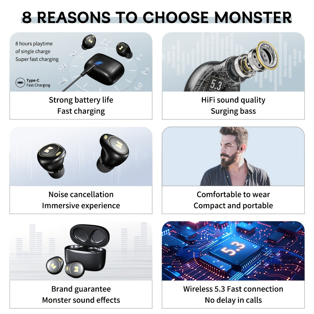 Auriculares inalámbricos Monster, intraaurales inalámbricos de 5.3" con 4 micrófonos, llamadas nítidas, cancelación de ruido, control táctil y estuche de carga tipo C. Cómodos auriculares inalámbricos para uso diario