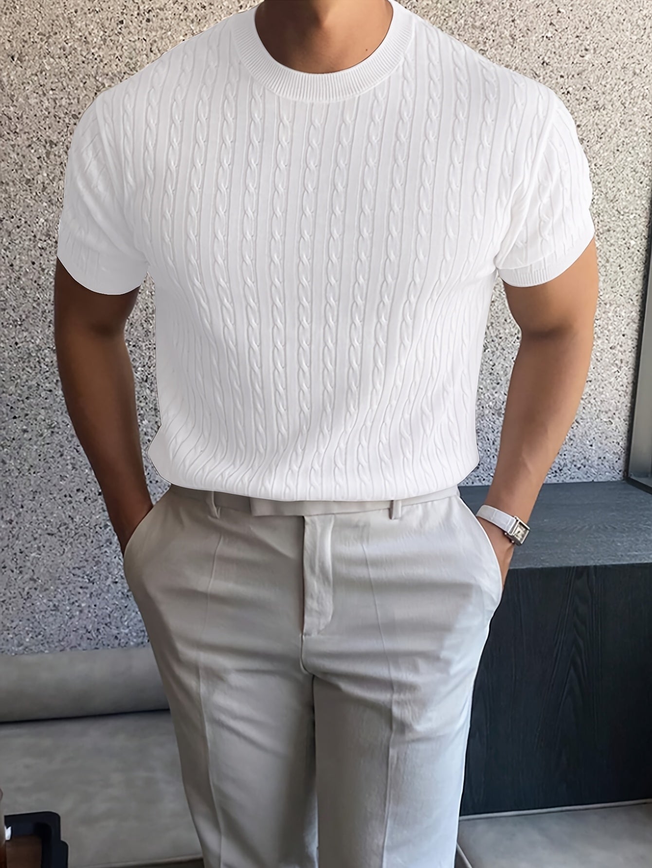 Suéter de punto trenzado con cuello redondo para hombre, manga corta y cuello acanalado