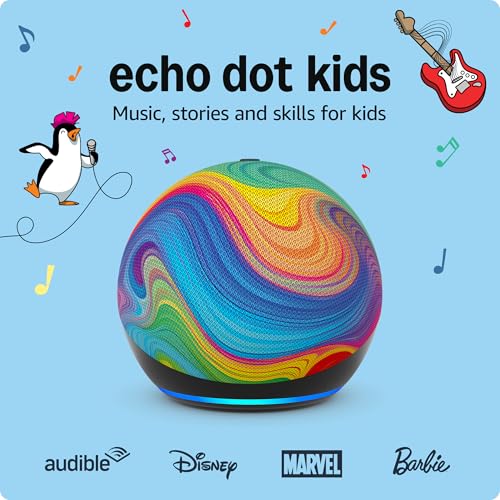Amazon Echo Dot Kids con Alexa (modelo más reciente), diseñado para niños, con control parental, incluye 1 año de Amazon Kids+, color remolino arcoíris