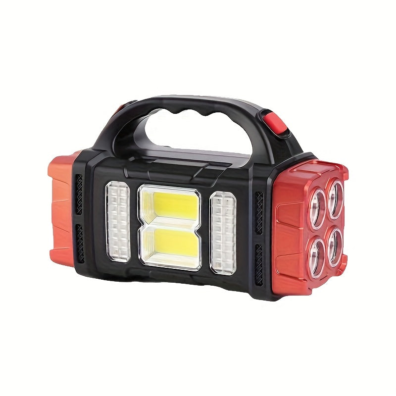 Linterna LED solar recargable de mano de alta potencia para exteriores, ideal para camping, emergencias, caza y trabajo. Incluye protección y carga USB y tipo C.