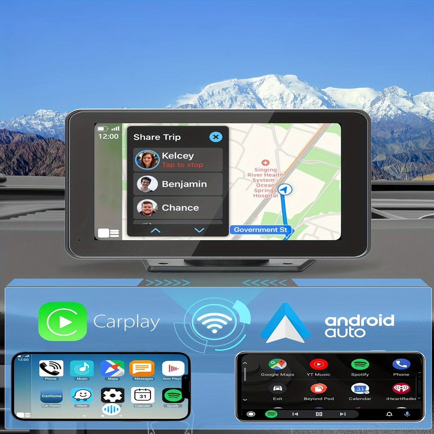 Pantalla inalámbrica para coche de 7 pulgadas (2025), con audio, pantalla táctil de ultraalta definición, cámara de marcha atrás de 1080p, grabadora de conducción, conexión inalámbrica, navegación GPS, compatible con