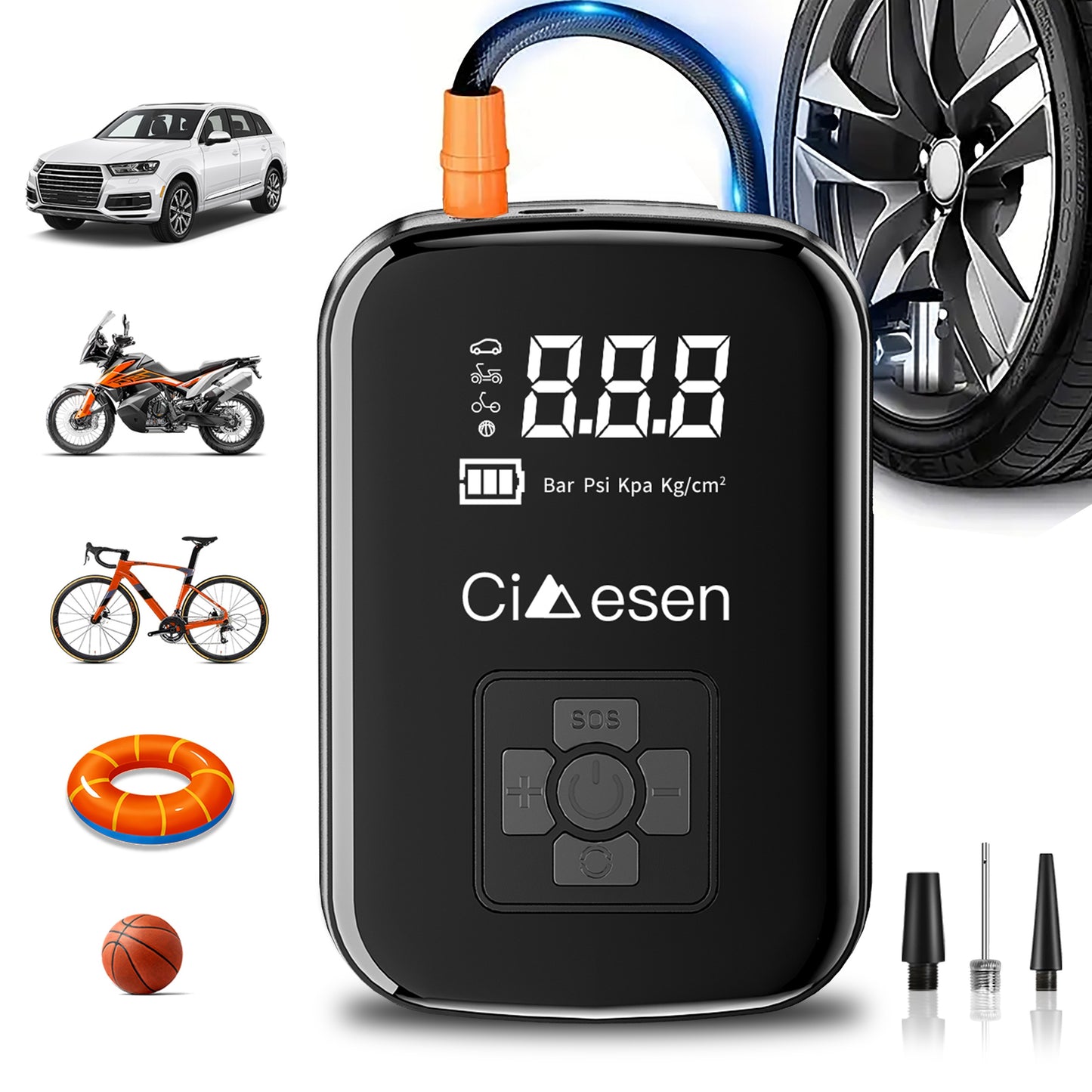 Inflador de neumáticos portátil con pantalla digital, compresor de aire inalámbrico rápido, recargable por USB, adaptador de boquilla multifunción, batería de litio de larga duración para neumáticos y balones de coche