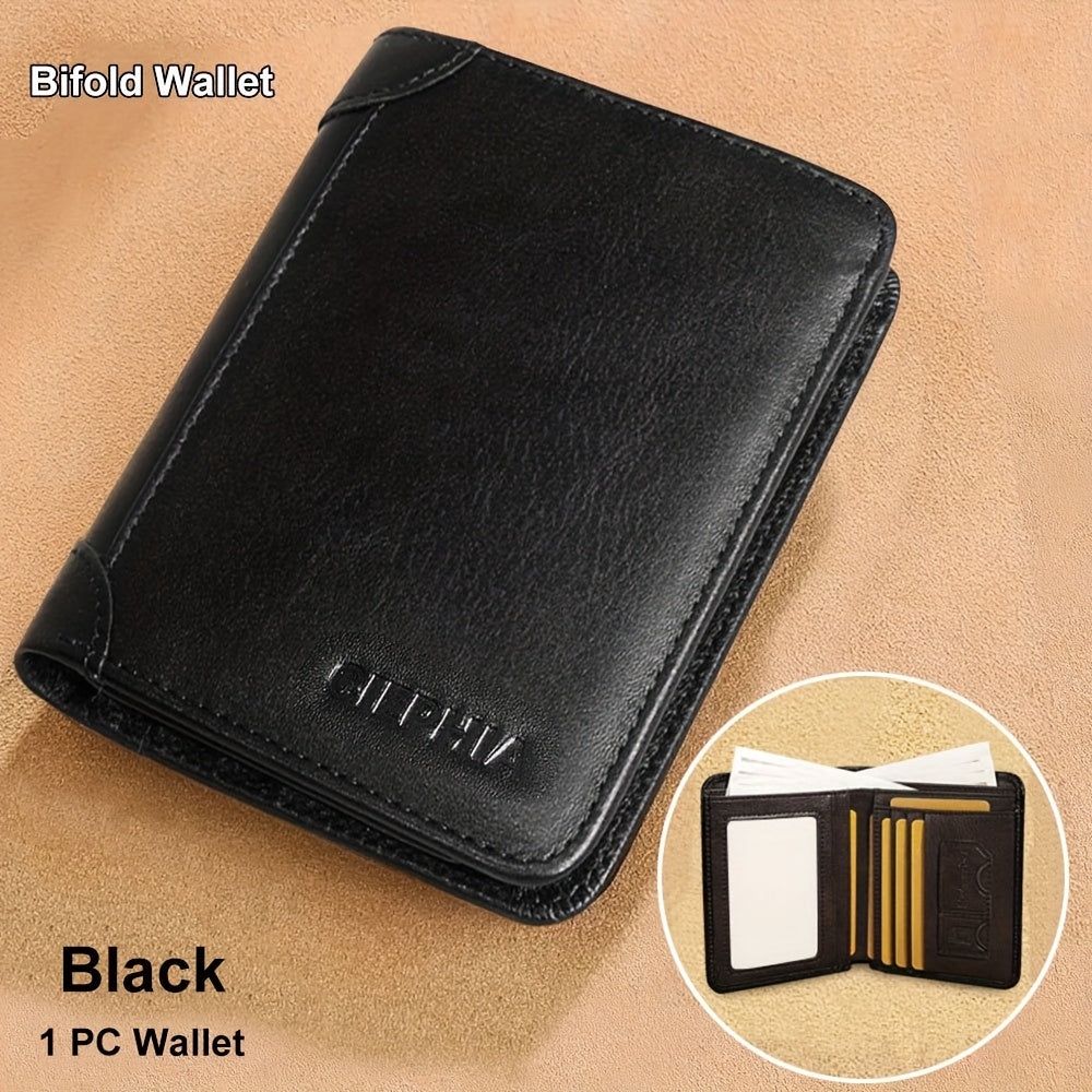 [Cartera de cuero RFID] Regalos para el Día del Padre para hombres, billeteras triples de cuero genuino con bloqueo RFID para hombre, tarjetero multifunción vintage de piel de vacuno de primera capa, pinzas para billetes co