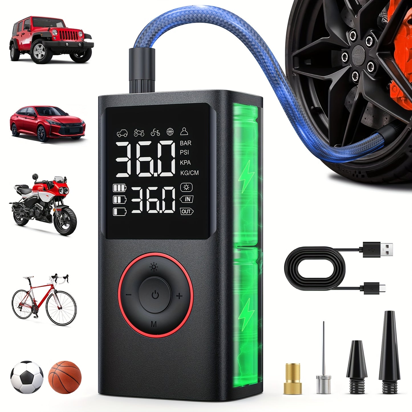 Inflador de neumáticos inalámbrico: compresor de aire inalámbrico con indicador digital y luz LED, recargable por USB, inflado dos veces más rápido para SUV, coches, bicicletas, motocicletas, equipos deportivos y balones