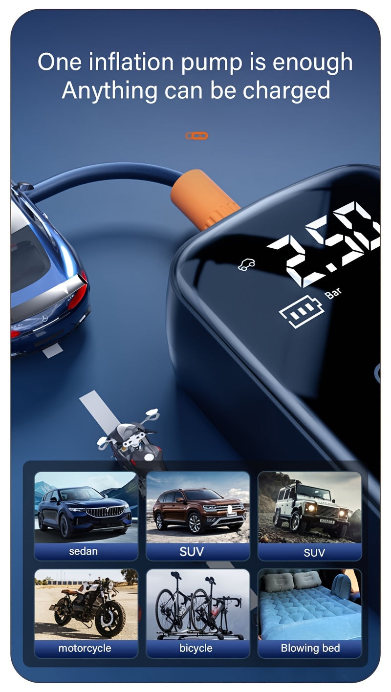 Inflador de neumáticos portátil con pantalla digital, compresor de aire inalámbrico rápido, recargable por USB, adaptador de boquilla multifunción, batería de litio de larga duración para neumáticos y balones de coche