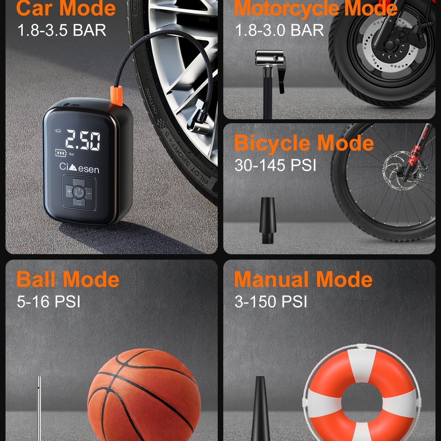 Inflador de neumáticos portátil con pantalla digital, compresor de aire inalámbrico rápido, recargable por USB, adaptador de boquilla multifunción, batería de litio de larga duración para neumáticos y balones de coche