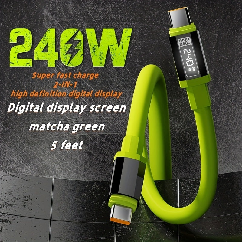 Cable de carga rápida de 240 W con pantalla en tiempo real, 150 cm de largo, material de silicona con superficie lisa, compatible con Huawei Honor, Xiaomi Poco, Samsung OPPO VIVO, pantalla LED digital de batería, carga ráp