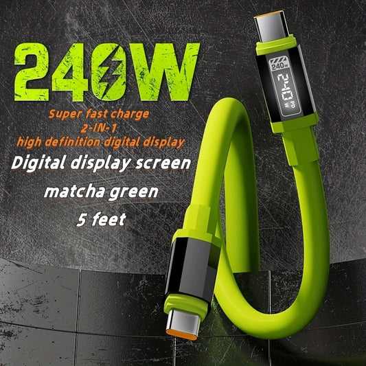 Cable de carga rápida de 240 W con pantalla en tiempo real, 150 cm de largo, material de silicona con superficie lisa, compatible con Huawei Honor, Xiaomi Poco, Samsung OPPO VIVO, pantalla LED digital de batería, carga ráp
