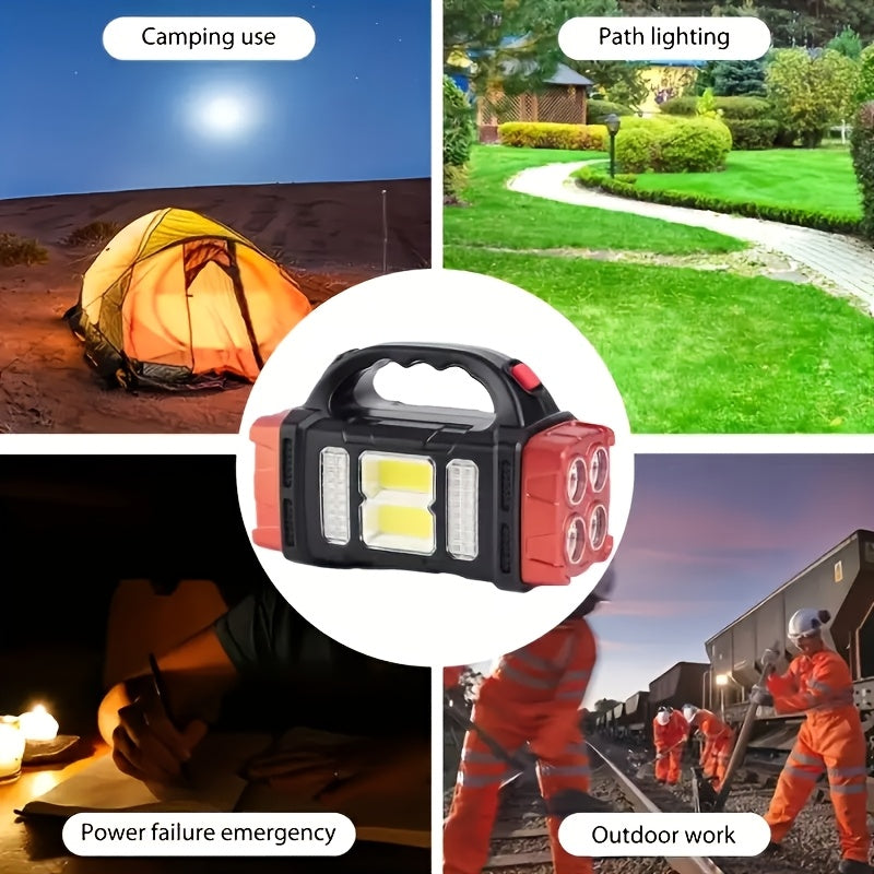 Linterna LED solar recargable de mano de alta potencia para exteriores, ideal para camping, emergencias, caza y trabajo. Incluye protección y carga USB y tipo C.