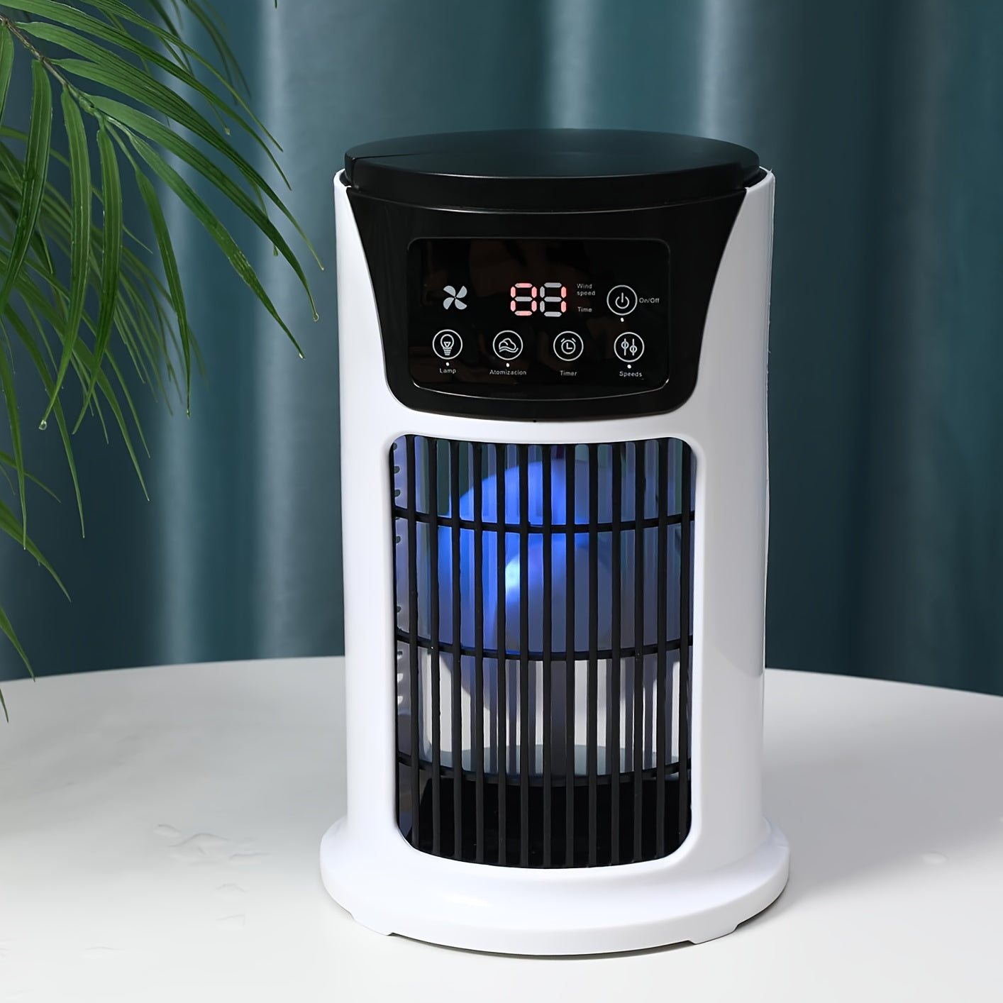 Aire acondicionado portátil 3 en 1, humidificador y ventilador con luz ambiental. Alimentación por USB para uso en interiores y exteriores. Diseño compacto para oficina y hogar. Elegante humidificador portátil en blanco y