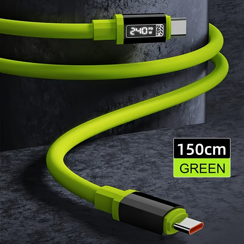 Cable de carga rápida de 240 W con pantalla en tiempo real, 150 cm de largo, material de silicona con superficie lisa, compatible con Huawei Honor, Xiaomi Poco, Samsung OPPO VIVO, pantalla LED digital de batería, carga ráp