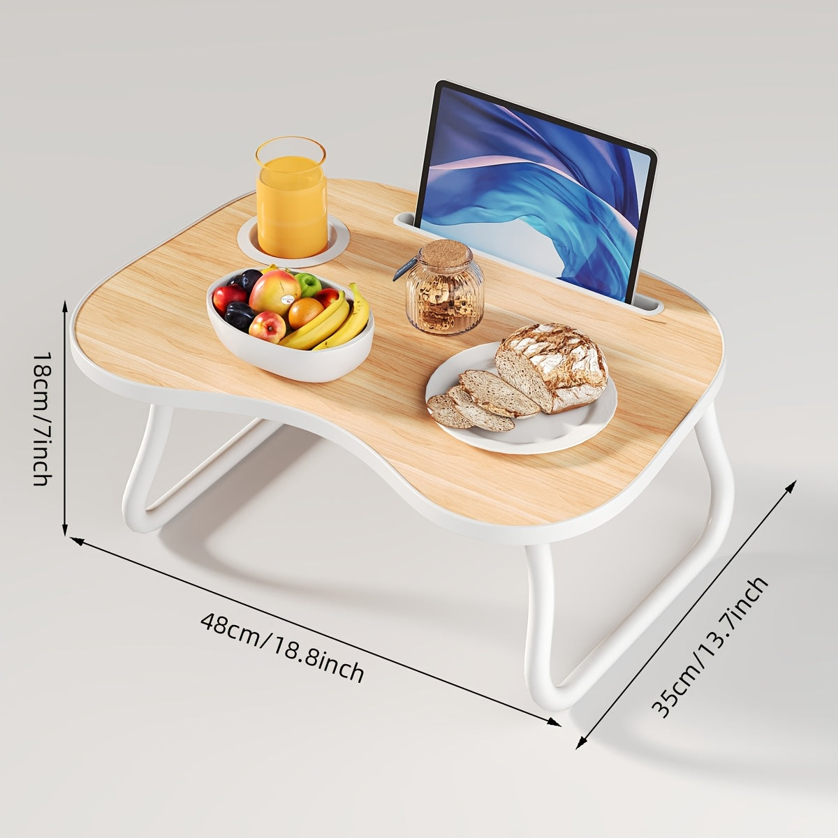 Mesa de cama portátil para portátil con portavasos y bandeja multifuncional - Escritorio de noche plegable con ranura para tarjeta para tableta, diseño robusto en forma de A, ligero y compacto para comer, leer, escribir en