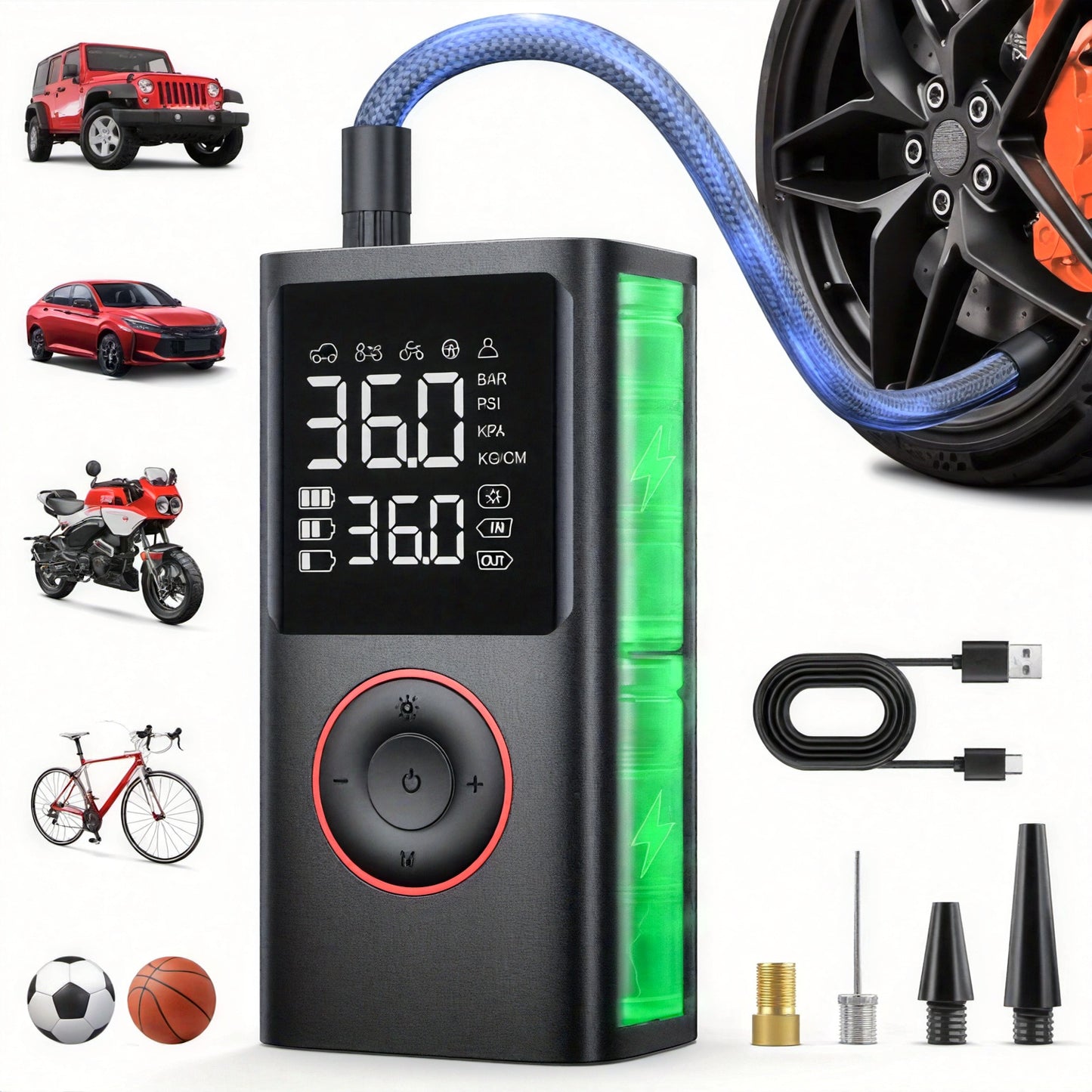Inflador de neumáticos inalámbrico: compresor de aire inalámbrico con indicador digital y luz LED, recargable por USB, inflado dos veces más rápido para SUV, coches, bicicletas, motocicletas, equipos deportivos y balones