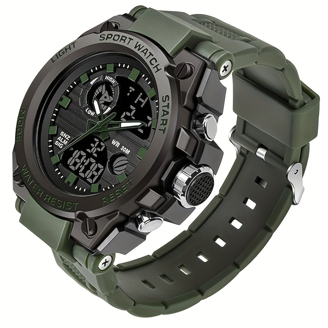 Reloj deportivo LED digital y analógico resistente para hombre (hasta 30 m, cronómetro, pantalla dual, correa de resina negra duradera, caja de aleación de zinc, para aventuras al aire libre).
