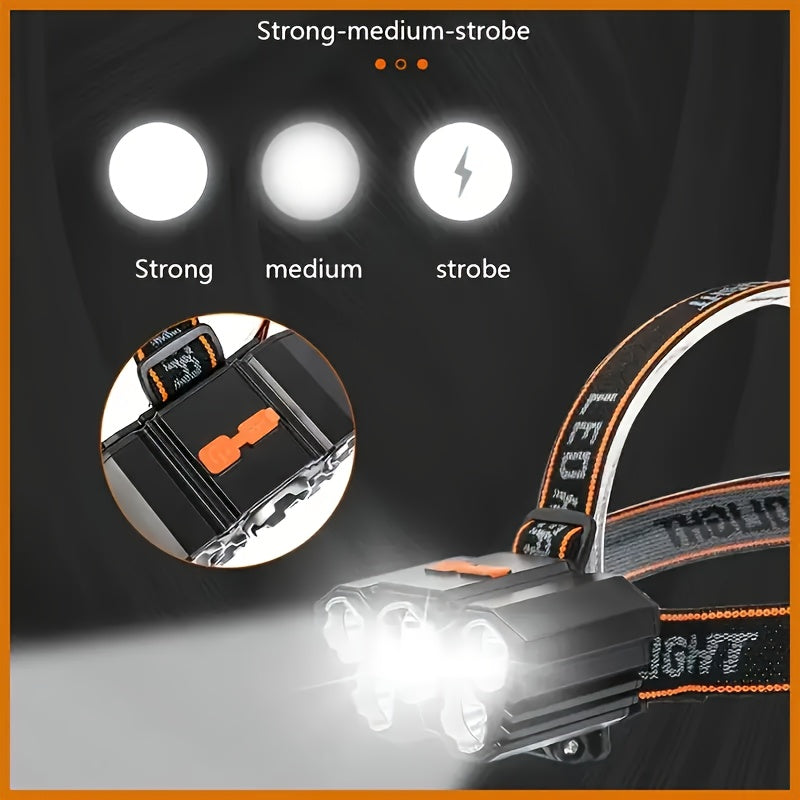 Linterna frontal recargable por USB de 5 LED para camping, correr y pescar, ideal para emergencias en el hogar y exteriores.