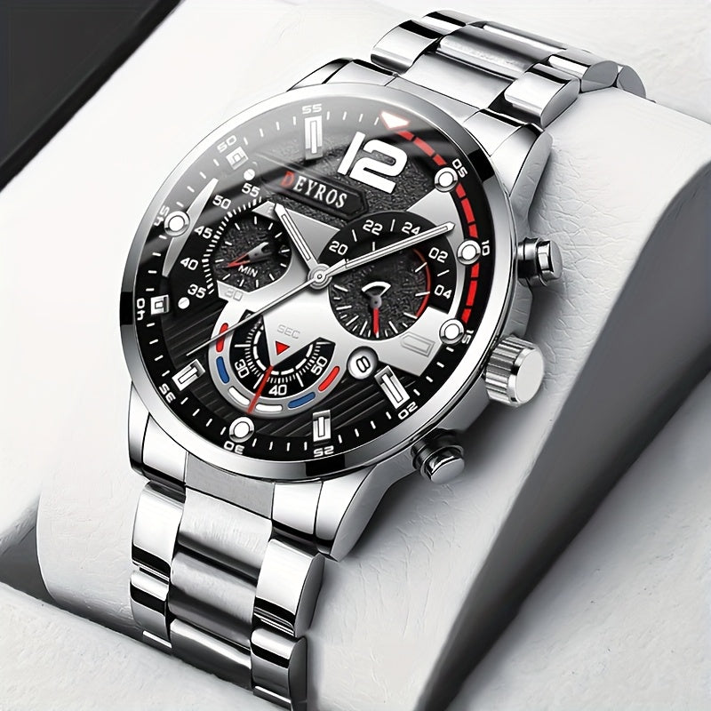 [Conjunto de relojes con estilo] Juego de 4 relojes de cuarzo de moda para hombre: esfera redonda, correas de acero inoxidable y piel sintética, opciones en negro y marrón, ideal para cumpleaños, Eid, Navidad, San Valentí