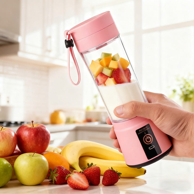 Licuadora portátil recargable de 12.85 oz, mini licuadora de jugos eléctrica USB de 1200 mAH, adecuada para batidos y licuados, jugo, 380 ml, seis cuchillas, perfecta para mezclar, rosa, negro, morado
