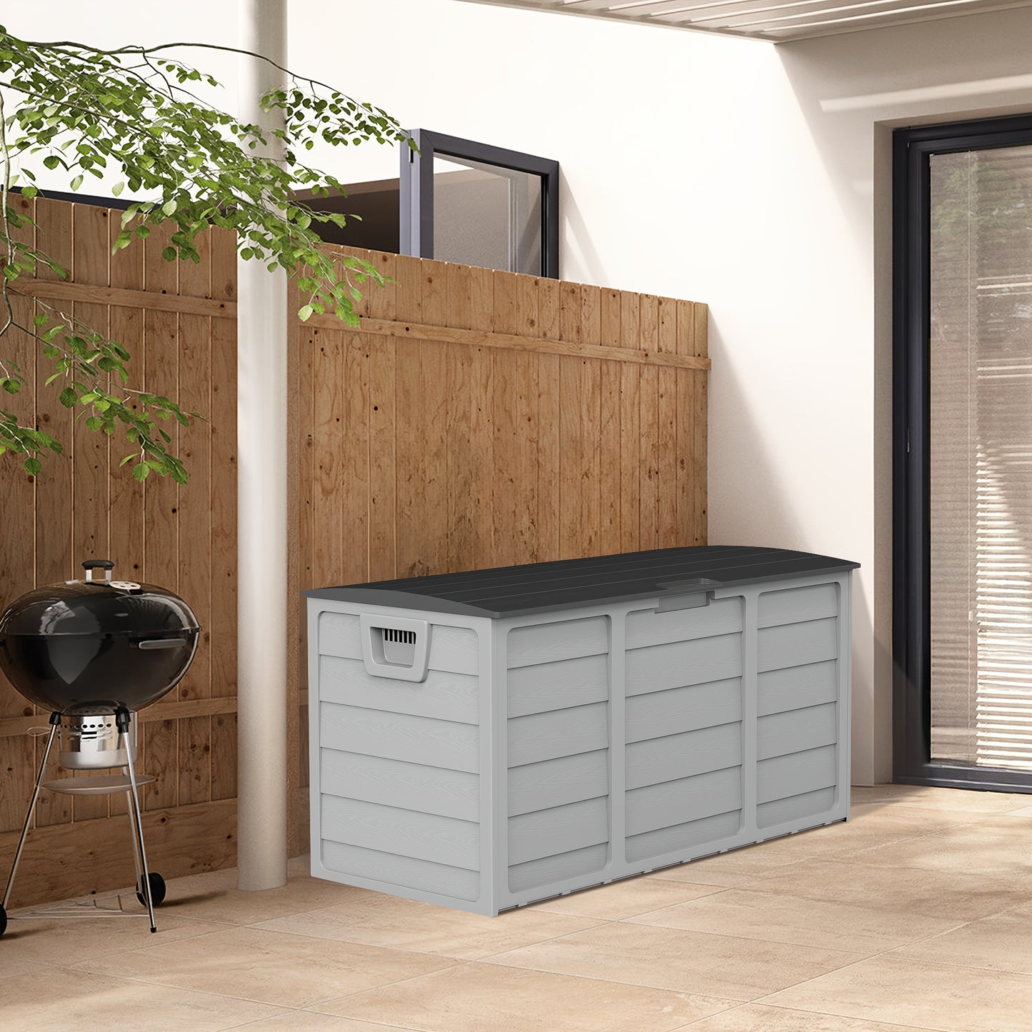 Caja de almacenamiento exterior de resina de 75 galones con asas. Ideal para accesorios de piscina, herramientas de jardín, equipo de camping, regalo navideño. Fácil de montar. Ideal como caja, armario o estante para almac