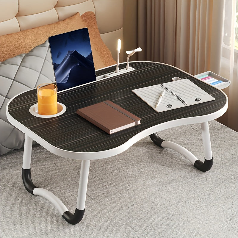 Mesa de cama portátil para portátil con portavasos y bandeja multifuncional - Escritorio de noche plegable con ranura para tarjeta para tableta, diseño robusto en forma de A, ligero y compacto para comer, leer, escribir en