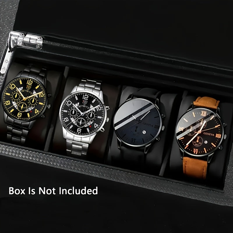 [Conjunto de relojes con estilo] Juego de 4 relojes de cuarzo de moda para hombre: esfera redonda, correas de acero inoxidable y piel sintética, opciones en negro y marrón, ideal para cumpleaños, Eid, Navidad, San Valentí
