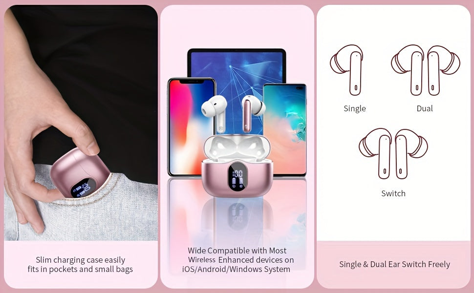 Auriculares inalámbricos 5.3 con sonido estéreo de graves, micrófono con cancelación de ruido y pantalla LED, intraaurales, 40 horas de reproducción, aptos para portátiles, tabletas, teléfonos móviles y para practicar