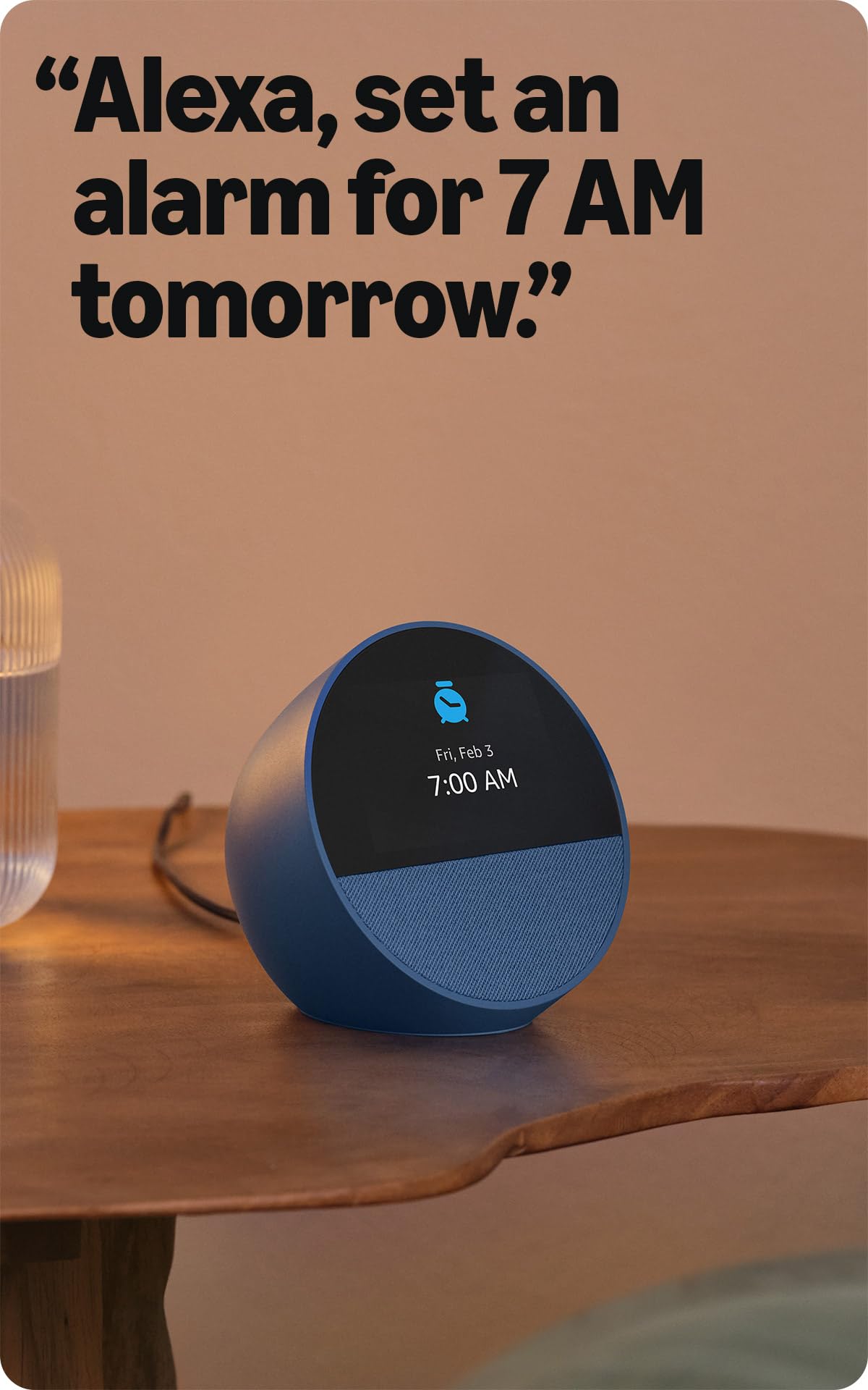 Amazon Echo Spot (modelo más reciente), ideal para mesitas de noche, oficinas y cocinas, despertador inteligente con Alexa, blanco glaciar