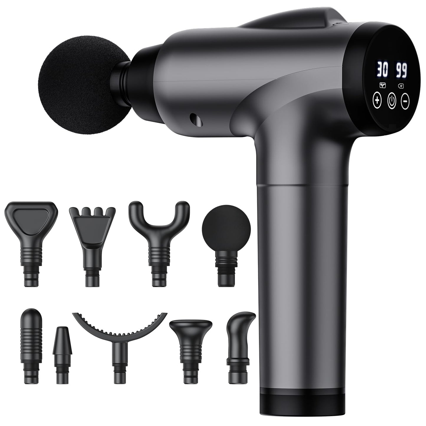 Pistola de masaje OLsky para tejido profundo, masajeador muscular eléctrico portátil, dispositivo de masaje de percusión de alta intensidad para aliviar el dolor con 9 accesorios y 30 velocidades (Gris)