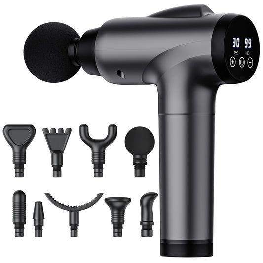 Pistola de masaje OLsky para tejido profundo, masajeador muscular eléctrico portátil, dispositivo de masaje de percusión de alta intensidad para aliviar el dolor con 9 accesorios y 30 velocidades (Gris)