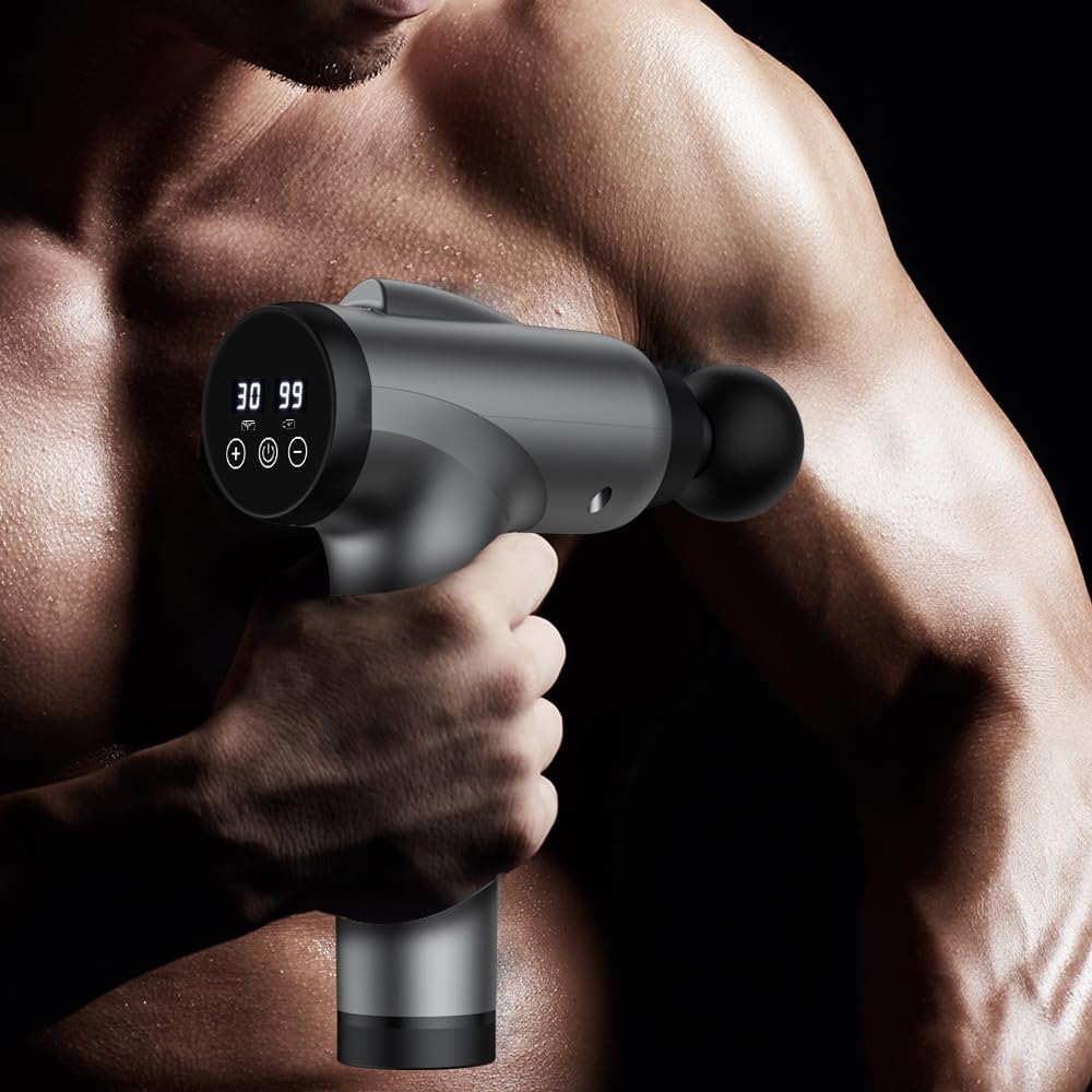 Pistola de masaje OLsky para tejido profundo, masajeador muscular eléctrico portátil, dispositivo de masaje de percusión de alta intensidad para aliviar el dolor con 9 accesorios y 30 velocidades (Gris)