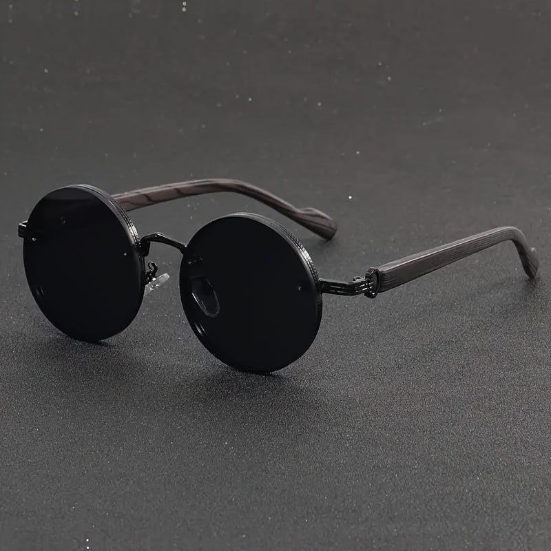 Gafas de moda con montura redonda de metal estilo steampunk retro y patas con vetas de madera, ideales para fiestas deportivas al aire libre, viajes, conducción, pesca y accesorios fotográficos.