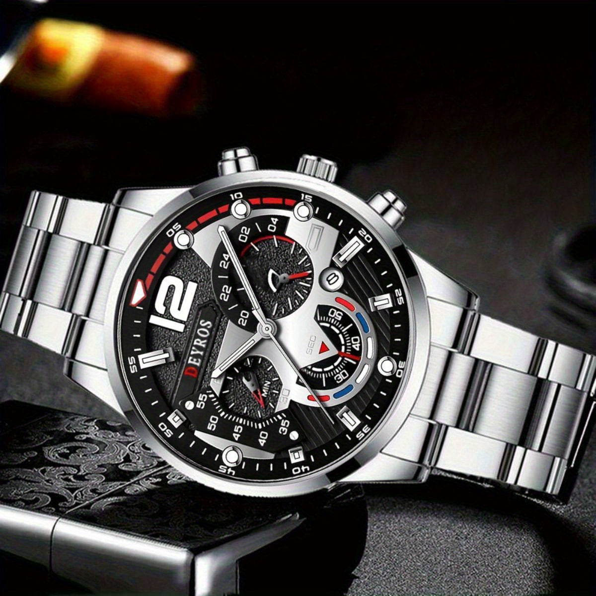 [Conjunto de relojes con estilo] Juego de 4 relojes de cuarzo de moda para hombre: esfera redonda, correas de acero inoxidable y piel sintética, opciones en negro y marrón, ideal para cumpleaños, Eid, Navidad, San Valentí