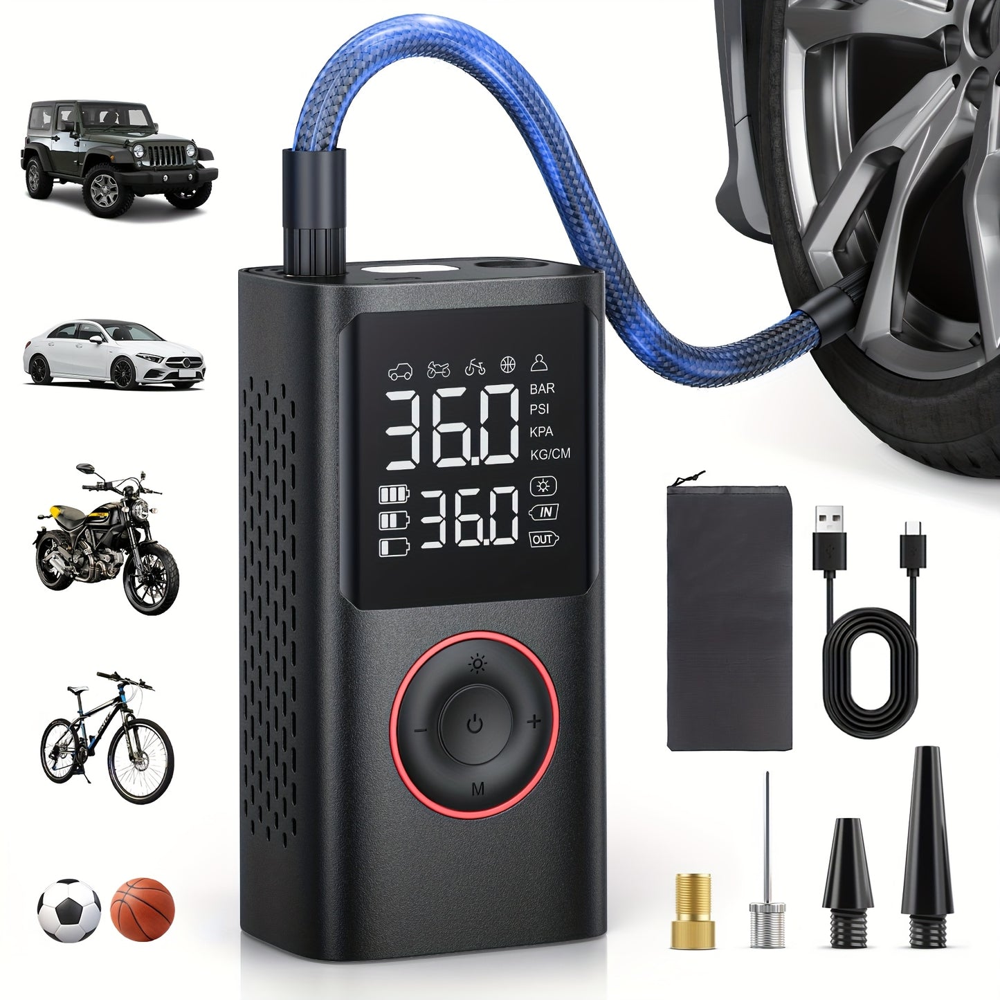 Inflador de neumáticos inalámbrico: compresor de aire inalámbrico con indicador digital y luz LED, recargable por USB, inflado dos veces más rápido para SUV, coches, bicicletas, motocicletas, equipos deportivos y balones