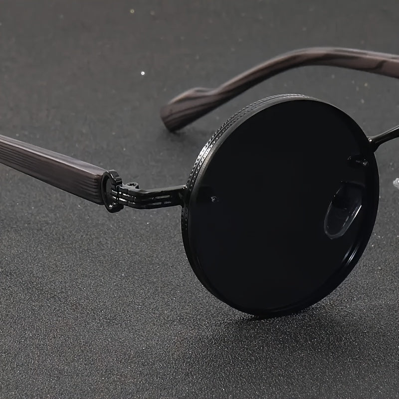 Gafas de moda con montura redonda de metal estilo steampunk retro y patas con vetas de madera, ideales para fiestas deportivas al aire libre, viajes, conducción, pesca y accesorios fotográficos.