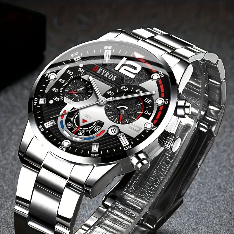 [Conjunto de relojes con estilo] Juego de 4 relojes de cuarzo de moda para hombre: esfera redonda, correas de acero inoxidable y piel sintética, opciones en negro y marrón, ideal para cumpleaños, Eid, Navidad, San Valentí