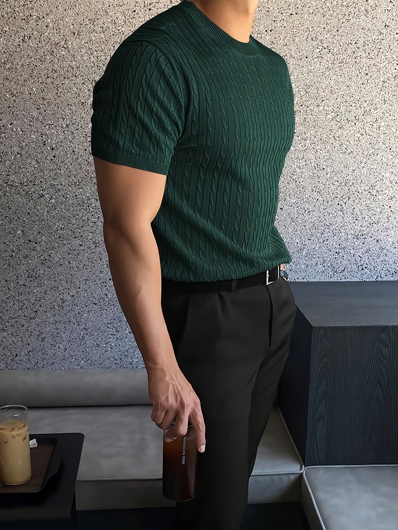 Suéter de punto trenzado con cuello redondo para hombre, manga corta y cuello acanalado