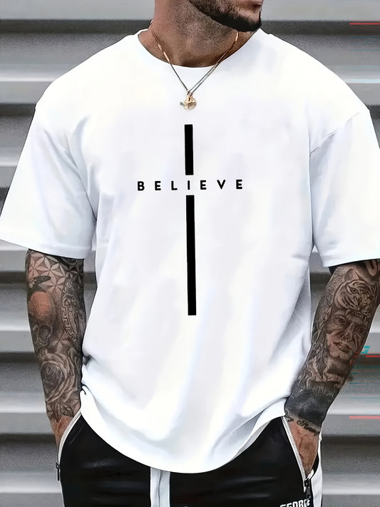 Camiseta de algodón con gráfico BELIEVE para hombre, negra con letras blancas, corte regular, informal, lavable a máquina, estilo urbano, diseño minimalista, material cómodo, ligera, ideal para amantes del estilo urbano.