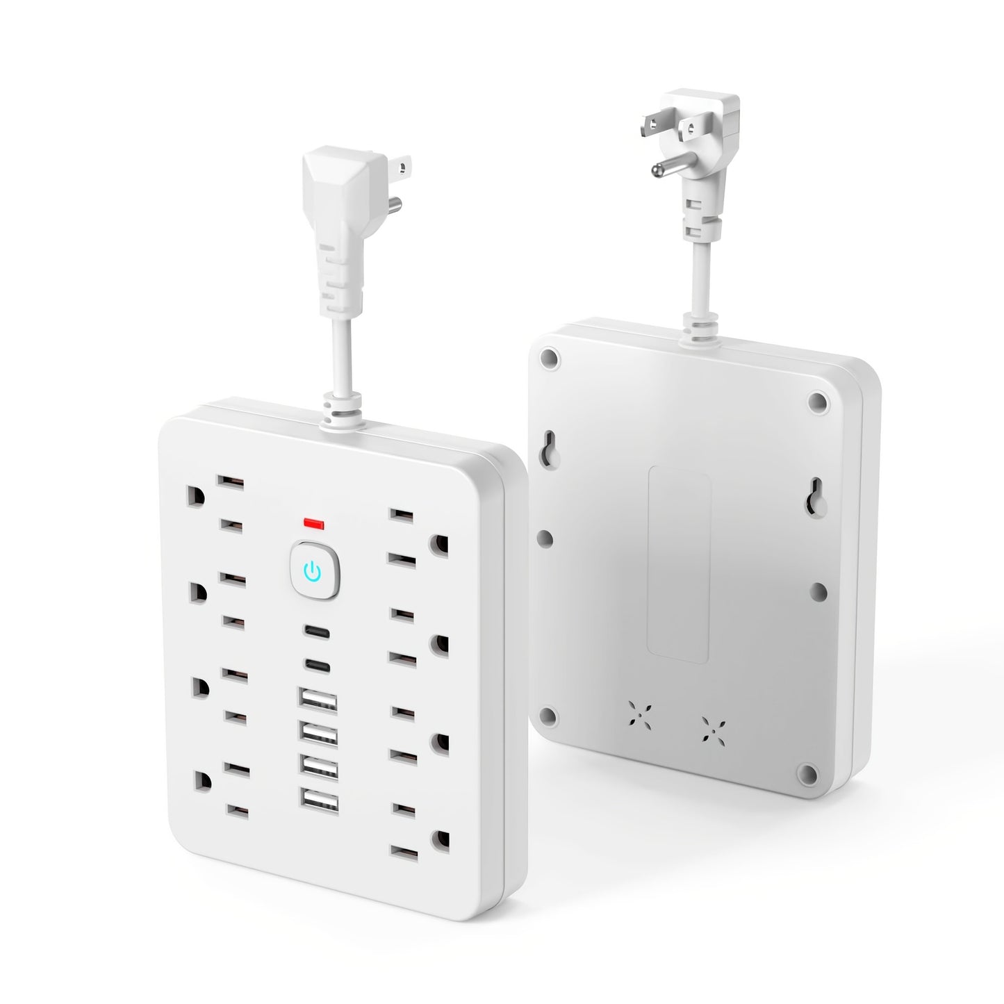Regleta de enchufes 14 en 1 resistente con 8 tomas de CA, 4 puertos USB-A y 2 puertos USB-C, interruptores inteligentes (encendido/apagado) e indicador, cable alargador compacto con enchufe plano para el hogar, la oficina y l