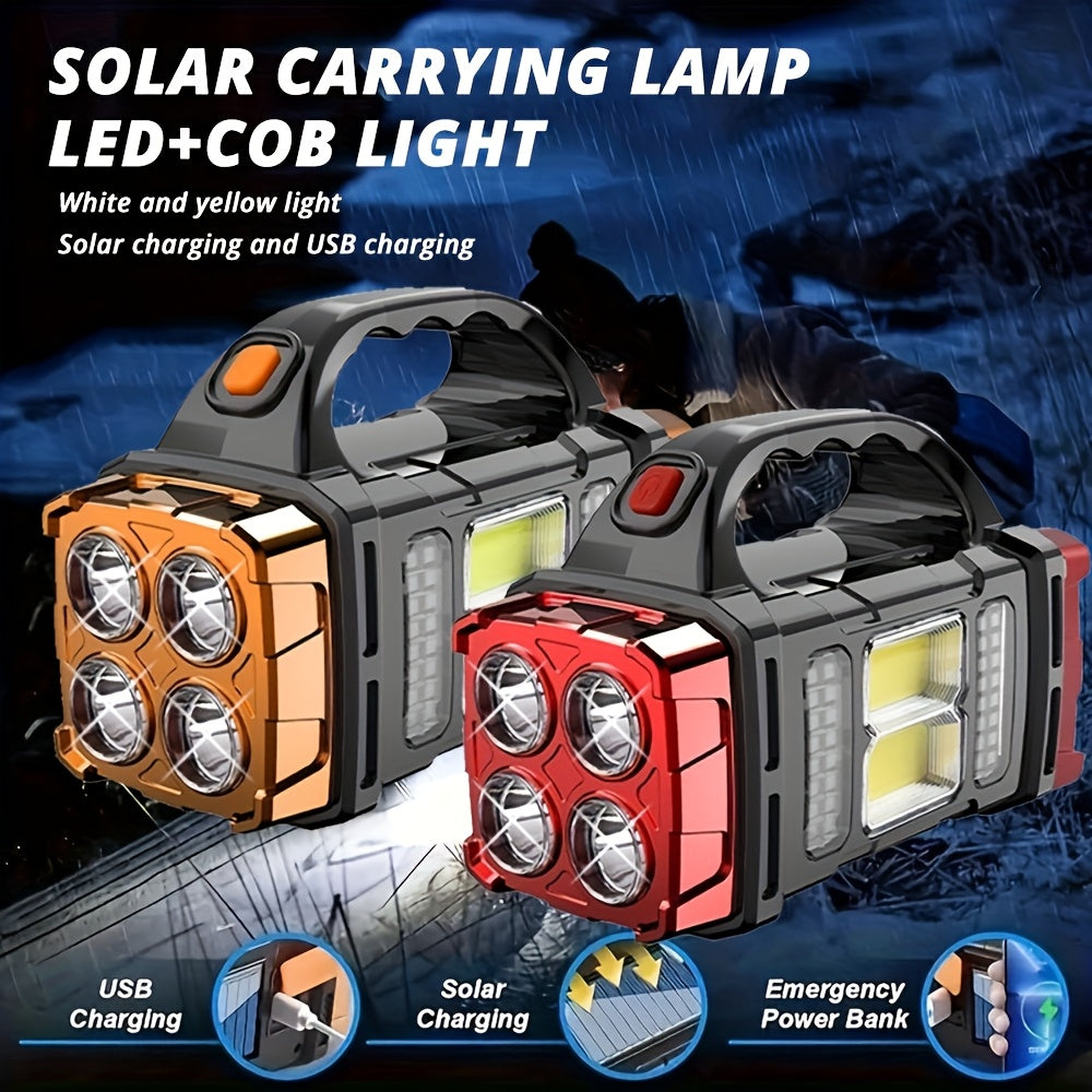 Linterna LED solar recargable de mano de alta potencia para exteriores, ideal para camping, emergencias, caza y trabajo. Incluye protección y carga USB y tipo C.