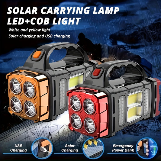 Linterna LED solar recargable de mano de alta potencia para exteriores, ideal para camping, emergencias, caza y trabajo. Incluye protección y carga USB y tipo C.