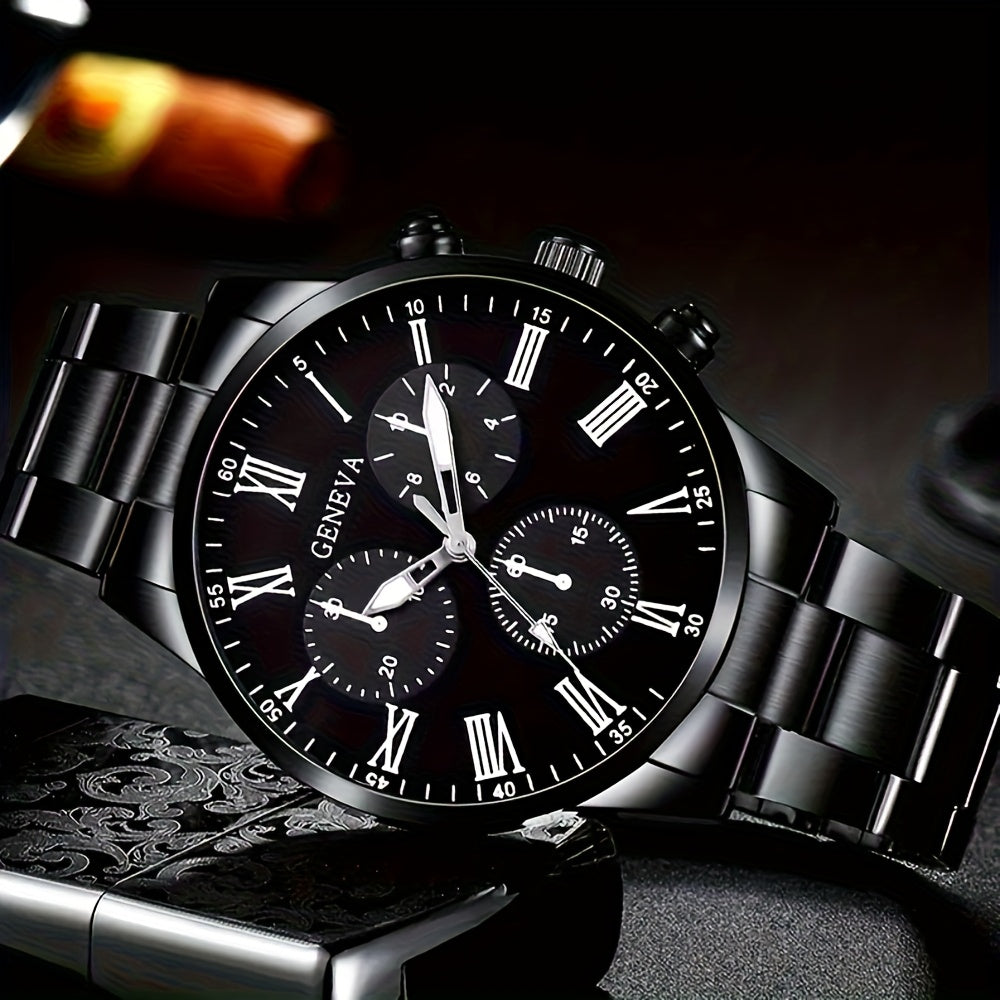 [Conjunto de relojes con estilo] Juego de 4 relojes de cuarzo de moda para hombre: esfera redonda, correas de acero inoxidable y piel sintética, opciones en negro y marrón, ideal para cumpleaños, Eid, Navidad, San Valentí