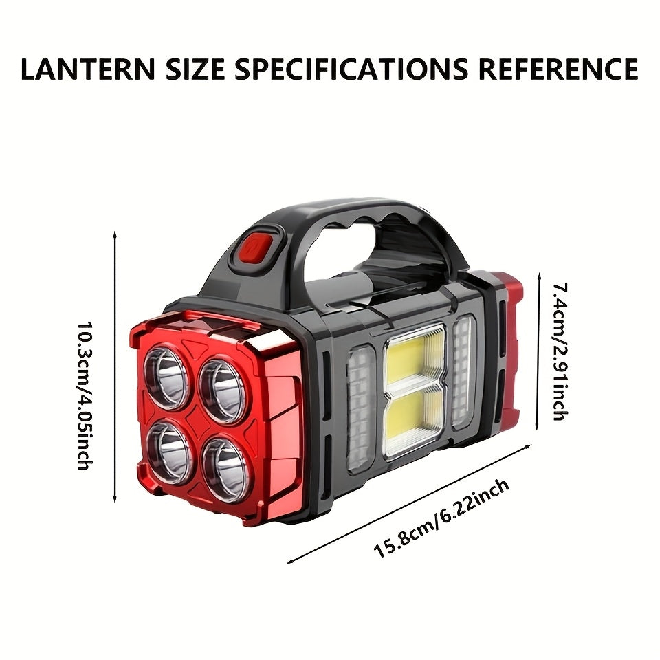 Linterna LED solar recargable de mano de alta potencia para exteriores, ideal para camping, emergencias, caza y trabajo. Incluye protección y carga USB y tipo C.