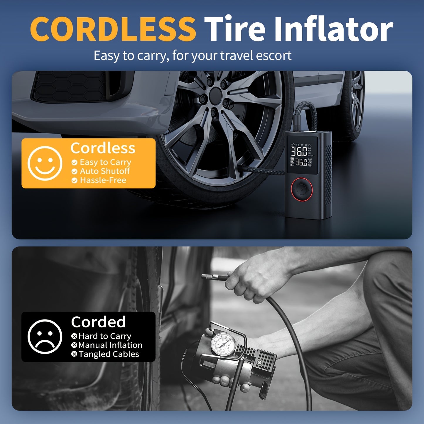Inflador de neumáticos inalámbrico: compresor de aire inalámbrico con indicador digital y luz LED, recargable por USB, inflado dos veces más rápido para SUV, coches, bicicletas, motocicletas, equipos deportivos y balones