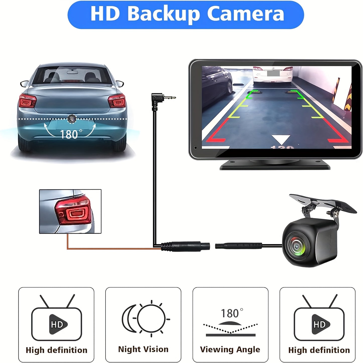 Pantalla inalámbrica para coche de 7 pulgadas (2025), con audio, pantalla táctil de ultraalta definición, cámara de marcha atrás de 1080p, grabadora de conducción, conexión inalámbrica, navegación GPS, compatible con