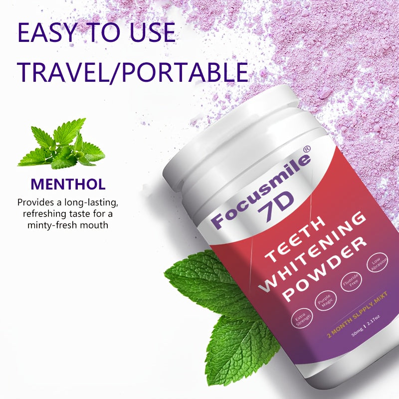 Polvo dental  morado FOCUSMILE - PAP, con saber refrescante a menta que elimina la suciedad de los dientes. No sensible.