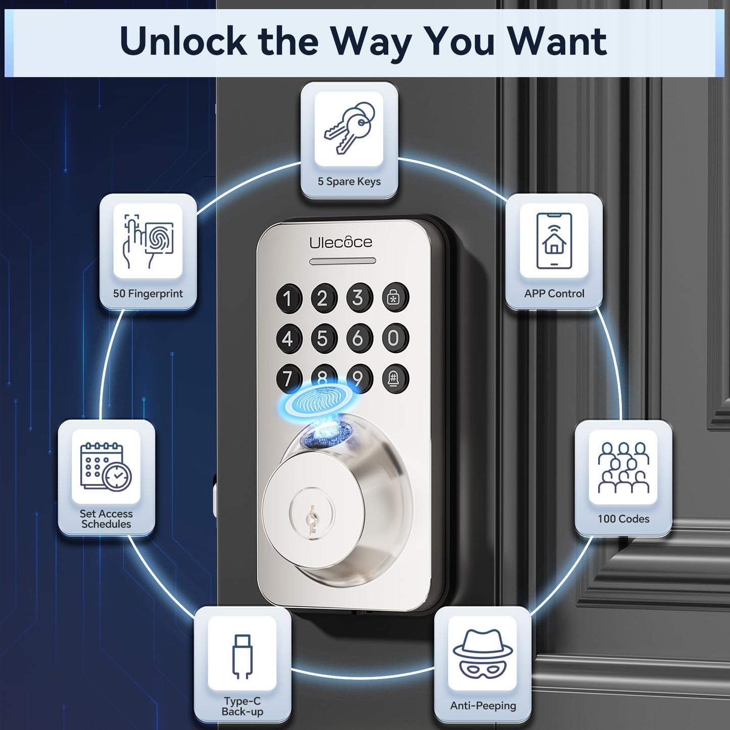 Cerradura de seguridad Ulecoce con teclado y manija, entrada sin llave, control por aplicación, cierre automático, fácil instalación, níquel satinado