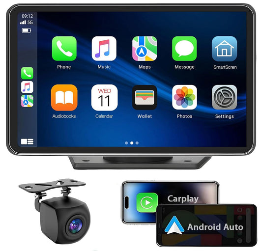 Estéreo para coche portátil inalámbrico con pantalla táctil de 7" con control por voz Bluetooth, compatible con Apple CarPlay y Android Auto. Incluye pantalla HD de 1080p, cámara de visión trasera, navegación GPS, etc.