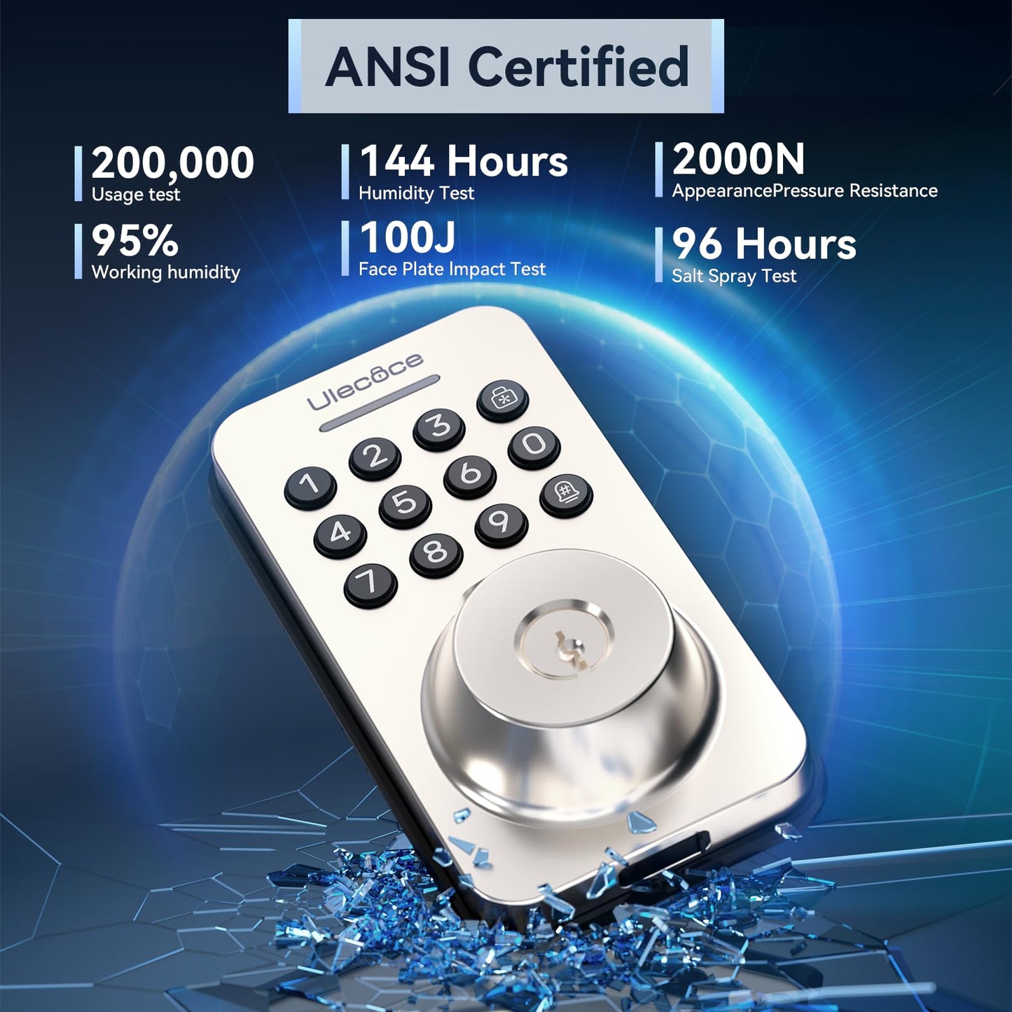 Cerradura de seguridad Ulecoce con teclado y manija, entrada sin llave, control por aplicación, cierre automático, fácil instalación, níquel satinado