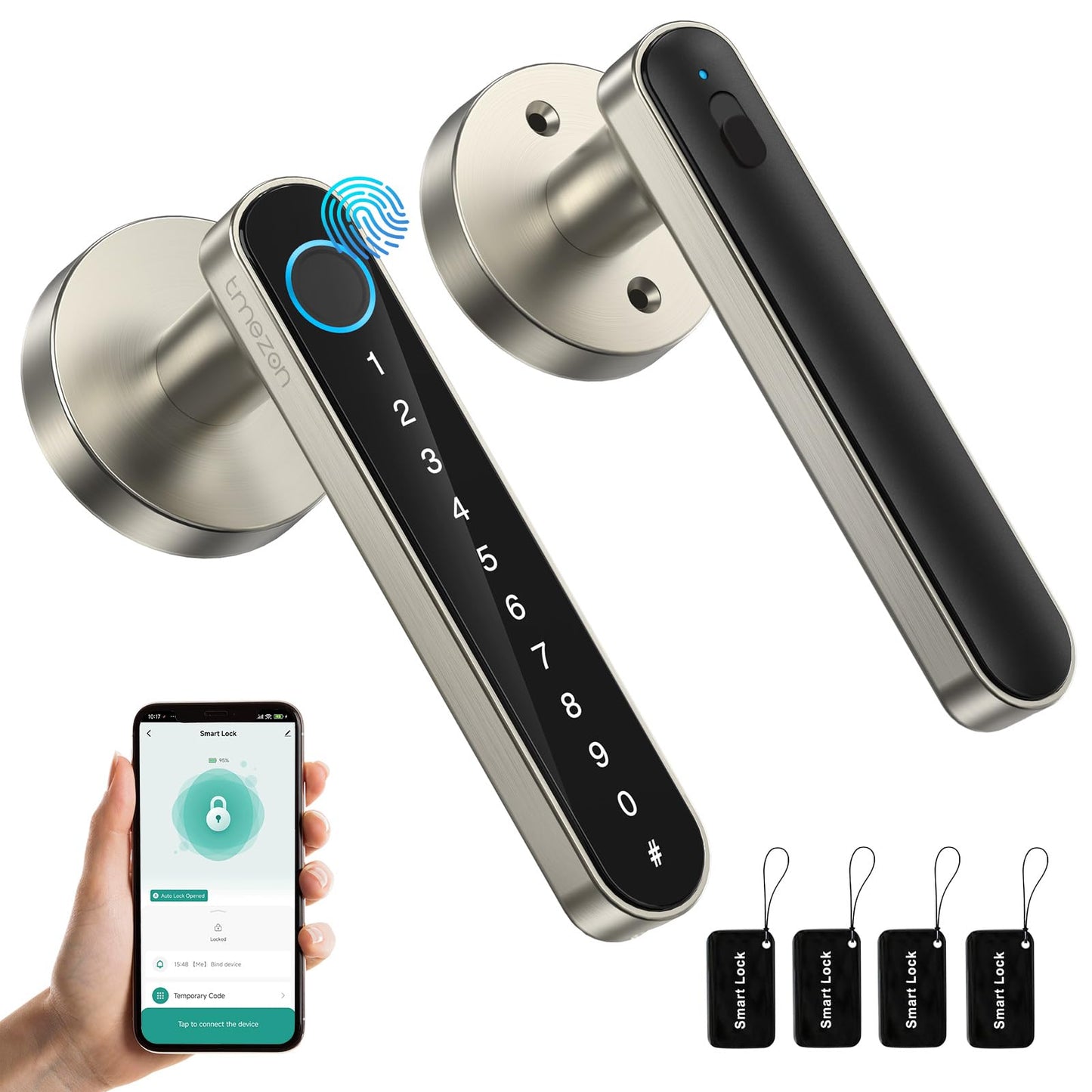 Cerradura inteligente TMEZON con lector de huellas dactilares, entrada sin llave, manija, compatible con APP/tarjetas/códigos/llaves/huellas dactilares. Cerradura electrónica biométrica sin llave para dormitorio, hogar, hotel u oficina.